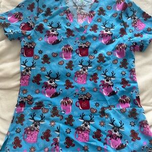 Blue and Pink Holiday-Themed Women's Scrub Top